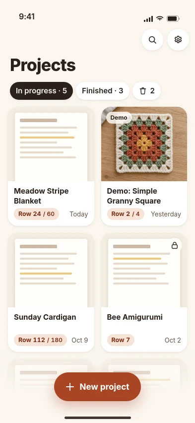 RowMinder project list with row progress on each card